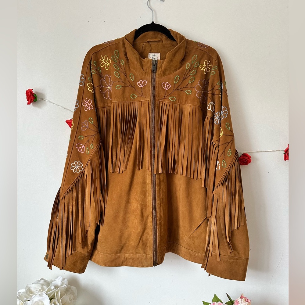 Free People Willa Western Bomber Brown Leather Jacket Fringe Embroidery L XL - Picture 5 of 11